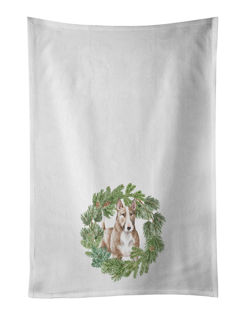 NEW Bull Terrier Red and White Christmas Wreath Kitchen Towel Set of 2 White Dish Towels Decorative Bathroom Hand towel for Hand, Face, Hair, Yoga, Tea, Dishcloth, 19 X 28", White