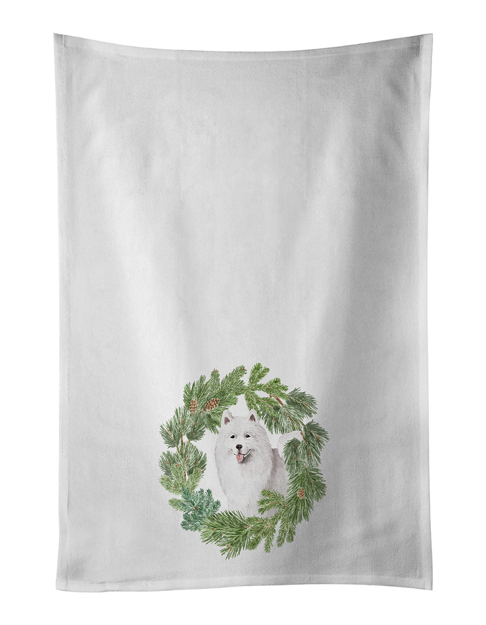 NEW Samoyed Smiling Christmas Wreath Kitchen Towel Set of 2 White Dish Towels Decorative Bathroom Hand towel for Hand, Face, Hair, Yoga, Tea, Dishcloth, 19 X 28", White