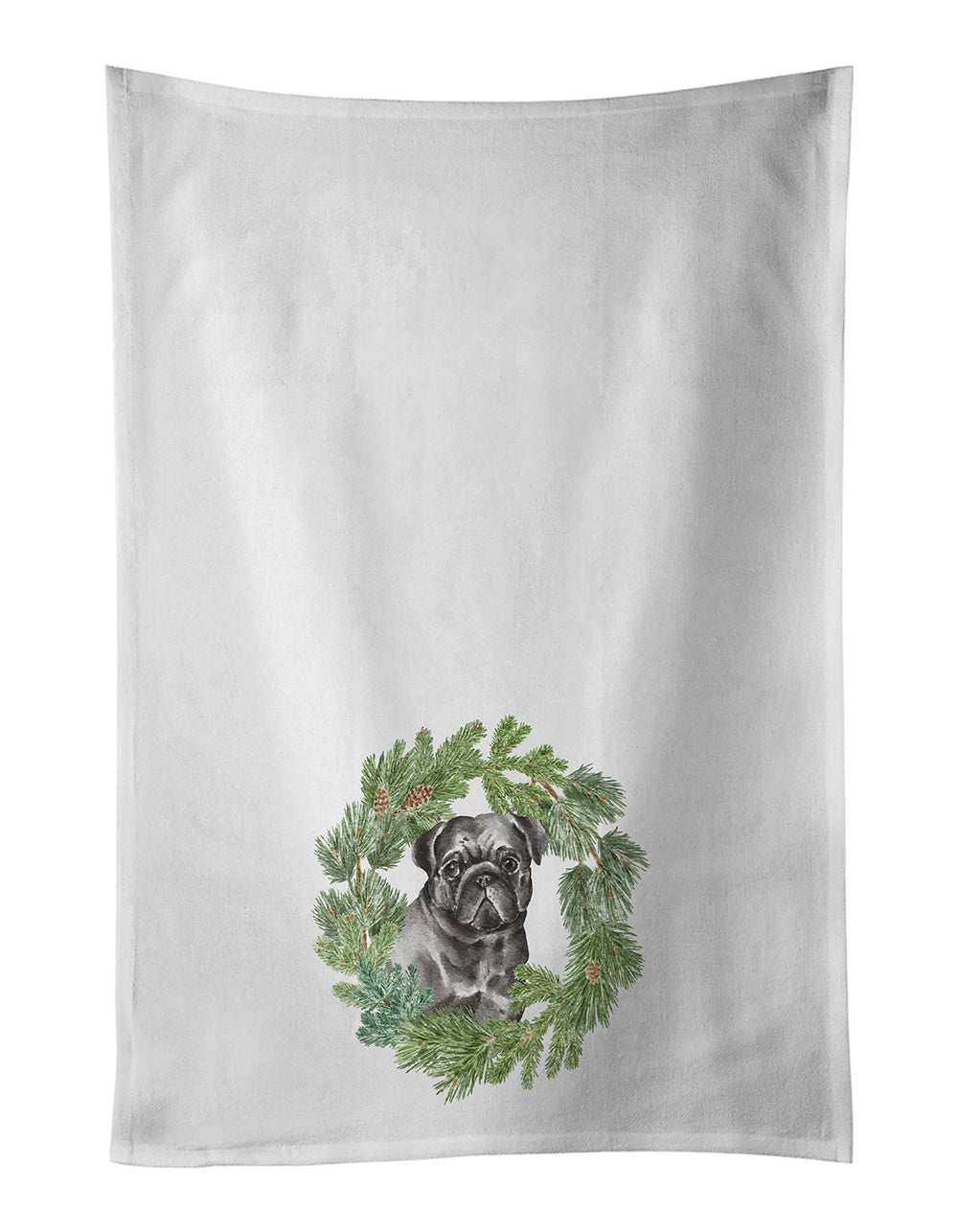 NEW Pug Black Christmas Wreath Kitchen Towel Set of 2 White Dish Towels Decorative Bathroom Hand towel for Hand, Face, Hair, Yoga, Tea, Dishcloth, 19 X 28", White