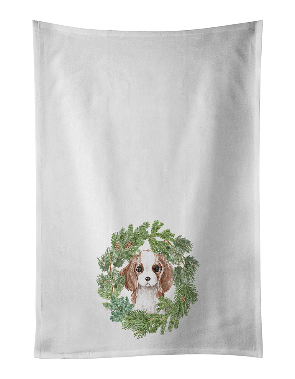 NEW Cavalier Spaniel Puppy Blenheim Christmas Wreath Kitchen Towel Set of 2 White Dish Towels Decorative Bathroom Hand towel for Hand, Face, Hair, Yoga, Tea, Dishcloth, 19 X 28", White