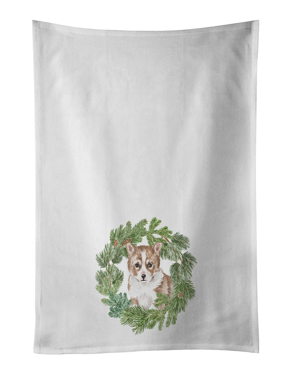 Corgi Puppy Red Christmas Wreath Kitchen Towel Set of 2 White Dish Towels Decorative Bathroom Hand towel for Hand, Face, Hair, Yoga, Tea, Dishcloth, 19 X 28", White