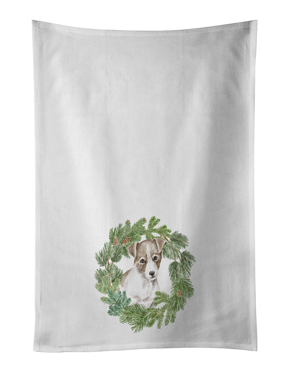 NEW Jack Russell Terrier Puppy Chestnut and White Christmas Wreath Kitchen Towel Set of 2 White Dish Towels Decorative Bathroom Hand towel for Hand, Face, Hair, Yoga, Tea, Dishcloth, 19 X 28", White