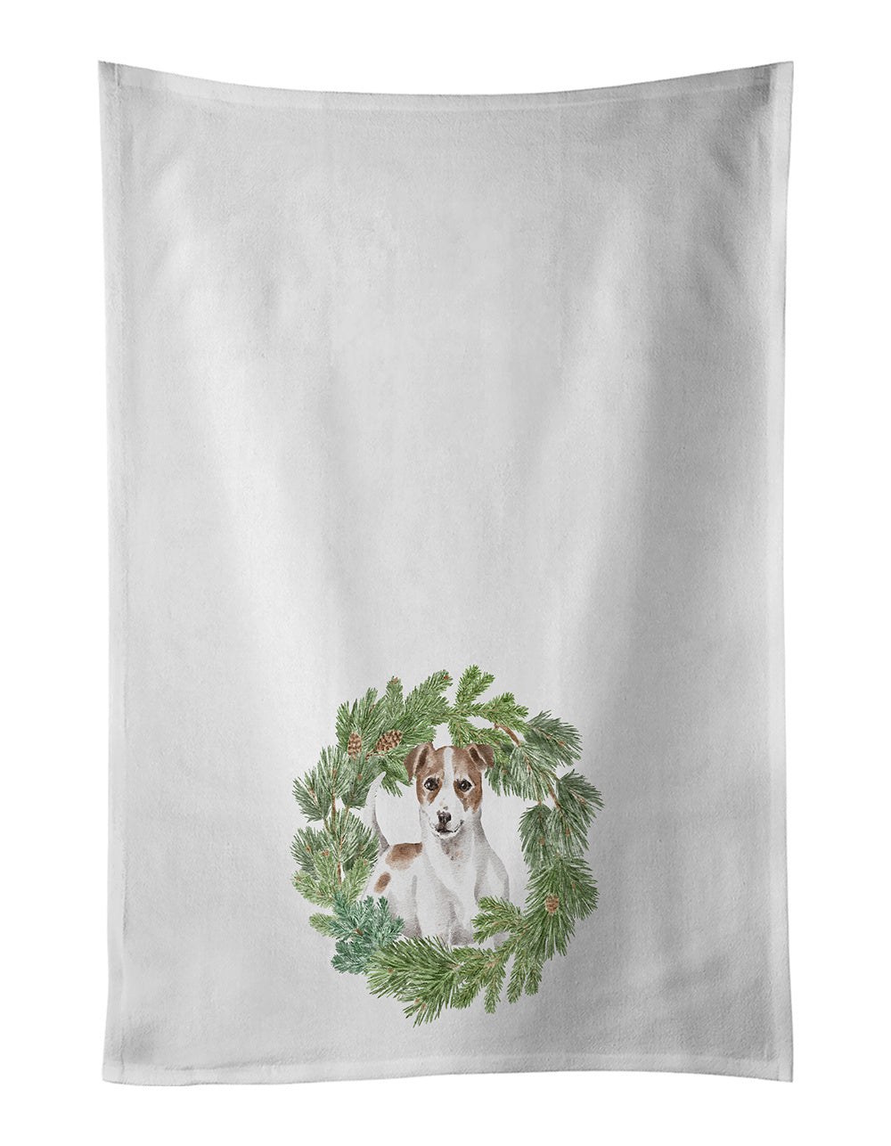 NEW Jack Russell Terrier Chestnut and White Christmas Wreath Kitchen Towel Set of 2 White Dish Towels Decorative Bathroom Hand towel for Hand, Face, Hair, Yoga, Tea, Dishcloth, 19 X 28", White