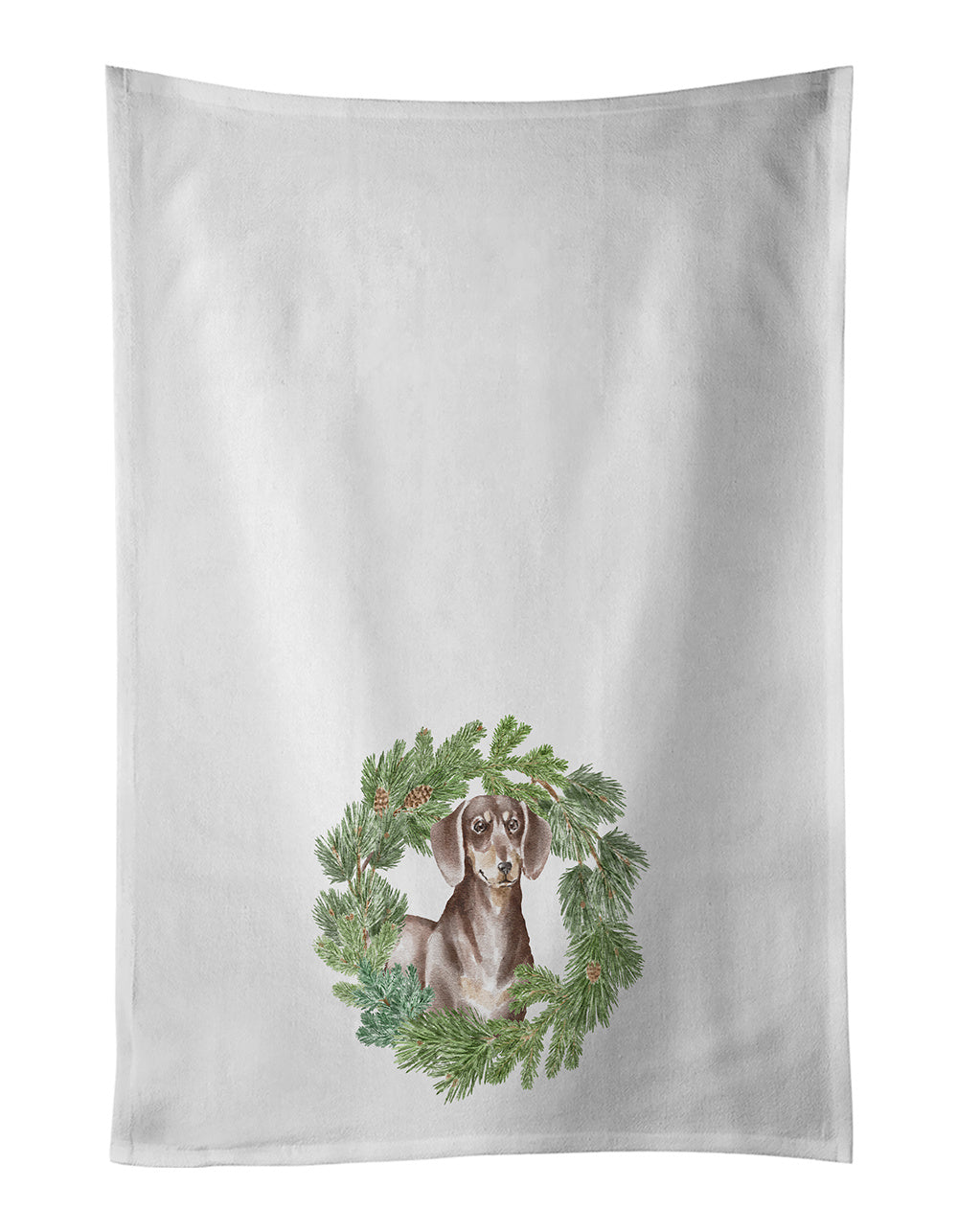 NEW Dachshund Chocolate and Tan Christmas Wreath Kitchen Towel Set of 2 White Dish Towels Decorative Bathroom Hand towel for Hand, Face, Hair, Yoga, Tea, Dishcloth, 19 X 28", White