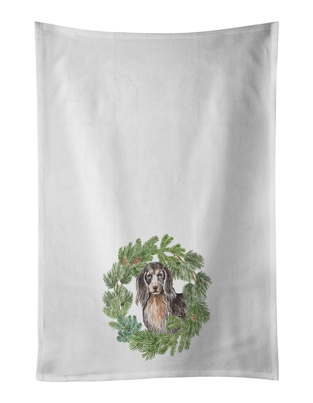 NEW Dachshund Black and Tan Longhaired Christmas Wreath Kitchen Towel Set of 2 White Dish Towels Decorative Bathroom Hand towel for Hand, Face, Hair, Yoga, Tea, Dishcloth, 19 X 28", White