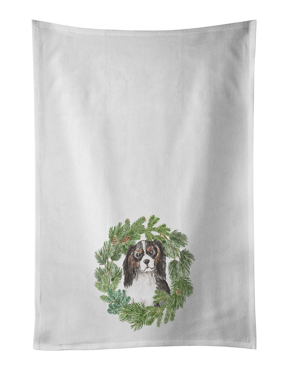 NEW Cavalier Spaniel Tricolor Head Tilt Christmas Wreath Kitchen Towel Set of 2 White Dish Towels Decorative Bathroom Hand towel for Hand, Face, Hair, Yoga, Tea, Dishcloth, 19 X 28", White