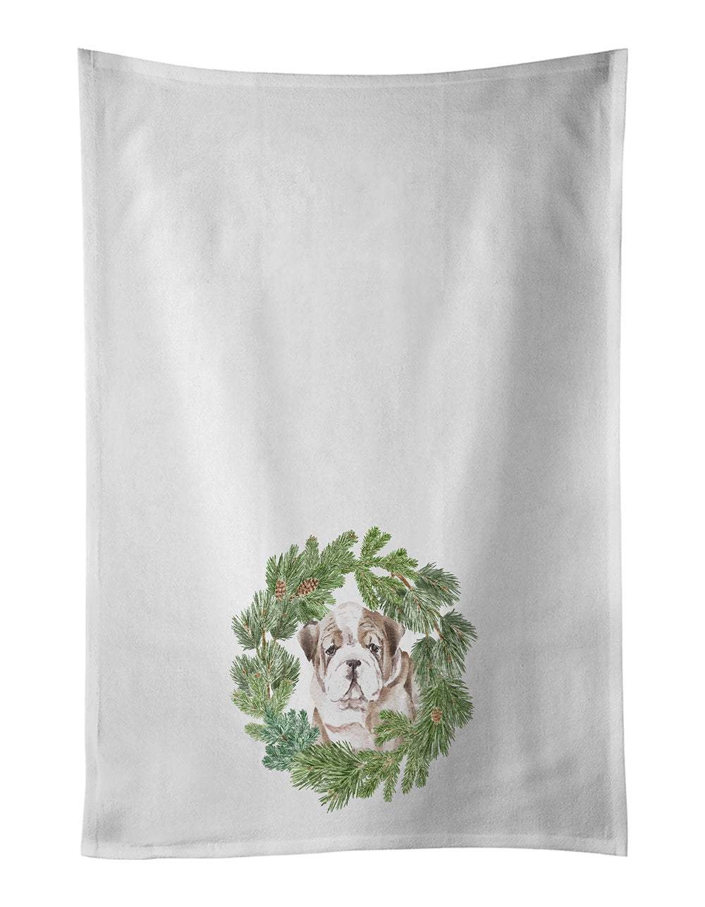 NEW Bulldog Puppy Fawn Brindle Christmas Wreath Kitchen Towel Set of 2 White Dish Towels Decorative Bathroom Hand towel for Hand, Face, Hair, Yoga, Tea, Dishcloth, 19 X 28", White