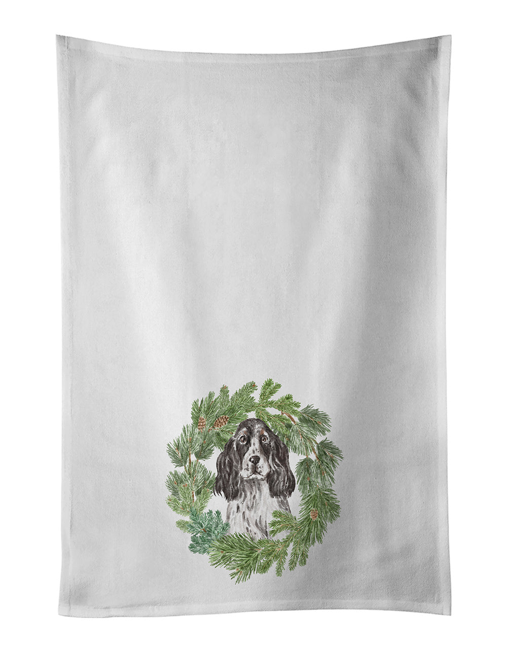 NEW Cocker Spaniel Black and White Ticked Christmas Wreath Kitchen Towel Set of 2 White Dish Towels Decorative Bathroom Hand towel for Hand, Face, Hair, Yoga, Tea, Dishcloth, 19 X 28", White