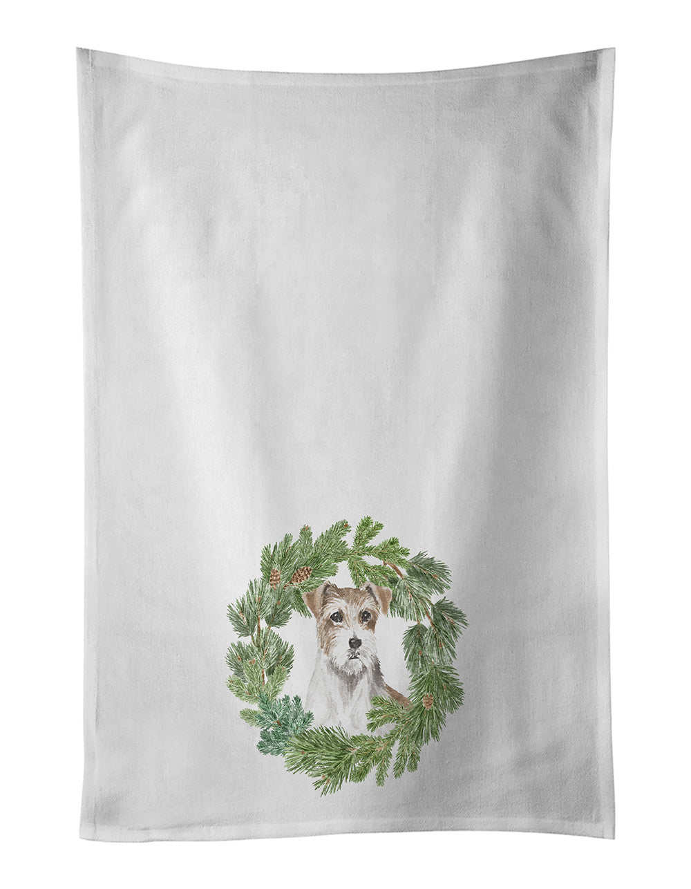 Jack Russell Terrier Chestnut and White Wirehaired Christmas Wreath Kitchen Towel Set of 2 White Dish Towels Decorative Bathroom Hand towel for Hand, Face, Hair, Yoga, Tea, Dishcloth, 19 X 28", White