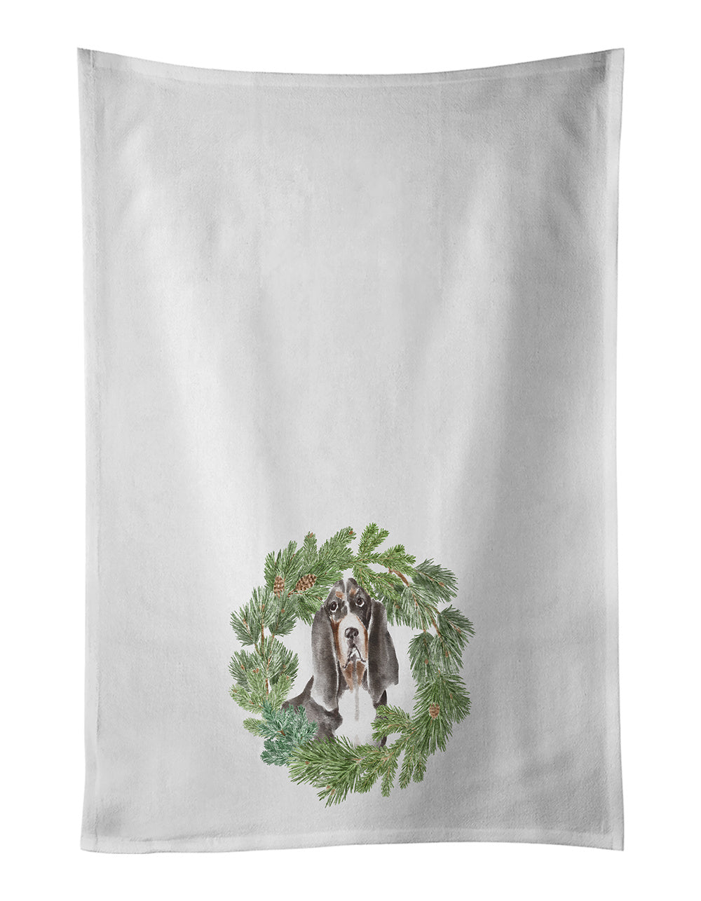 NEW Basset Hound Black White Brown Christmas Wreath Kitchen Towel Set of 2 White Dish Towels Decorative Bathroom Hand towel for Hand, Face, Hair, Yoga, Tea, Dishcloth, 19 X 28", White