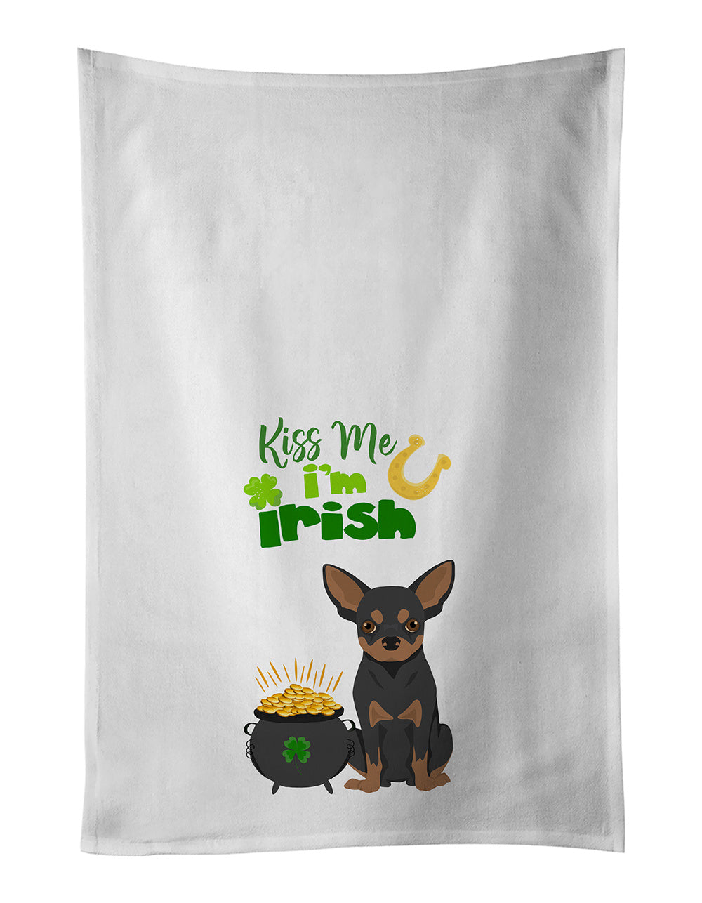 NEW Black and Tan Chihuahua St. Patrick's Day Kitchen Towel Set of 2 White Dish Towels Decorative Bathroom Hand towel for Hand, Face, Hair, Yoga, Tea, Dishcloth, 19 X 28", White