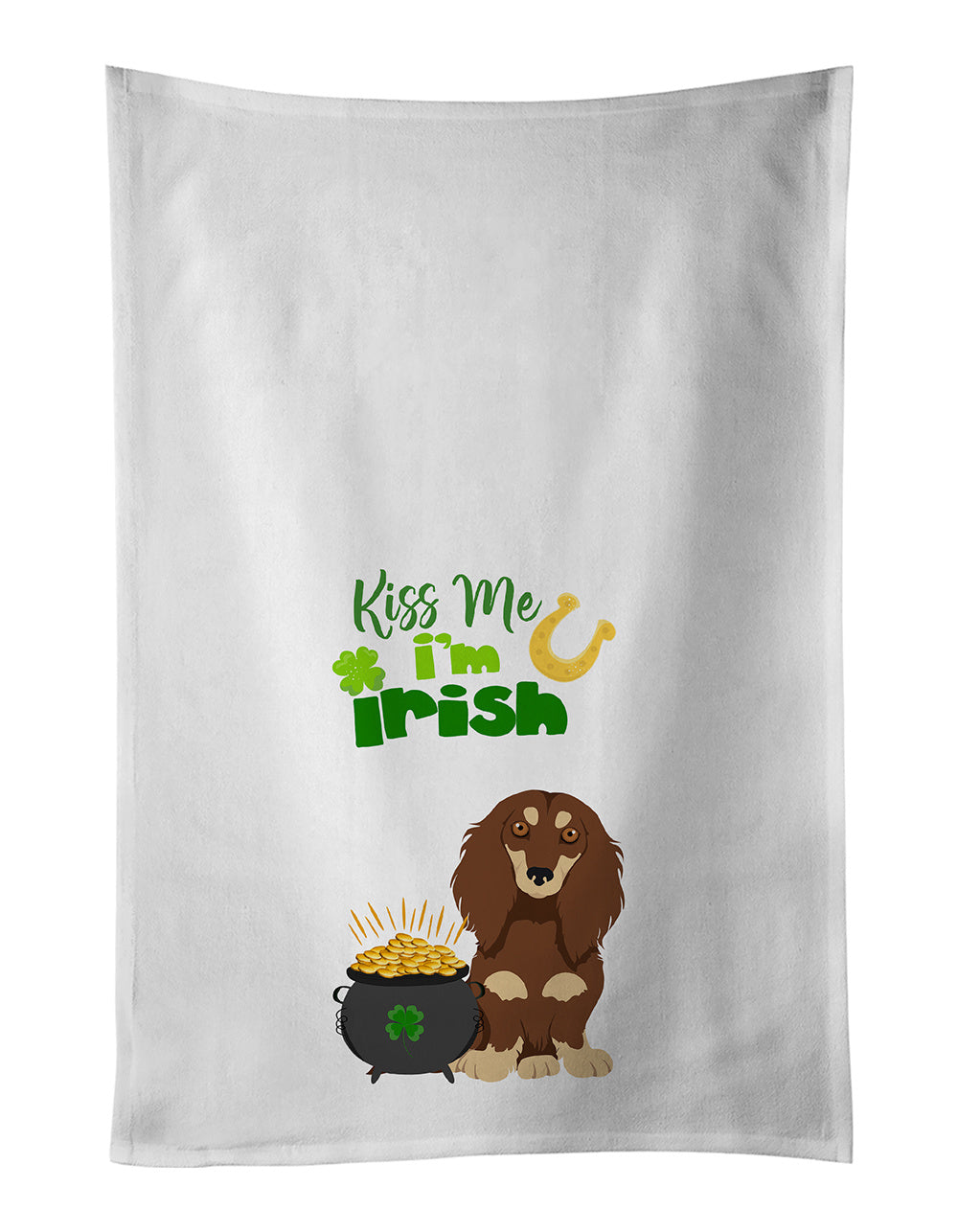 NEW Longhair Chocolate and Cream Dachshund St. Patrick's Day Kitchen Towel Set of 2 White Dish Towels Decorative Bathroom Hand towel for Hand, Face, Hair, Yoga, Tea, Dishcloth, 19 X 28", White