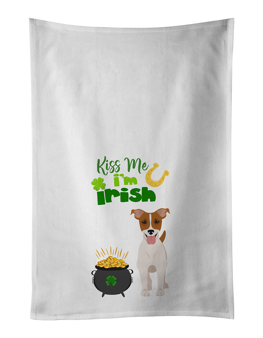 NEW Brown White Smooth Jack Russell Terrier St. Patrick's Day Kitchen Towel Set of 2 White Dish Towels Decorative Bathroom Hand towel for Hand, Face, Hair, Yoga, Tea, Dishcloth, 19 X 28", White