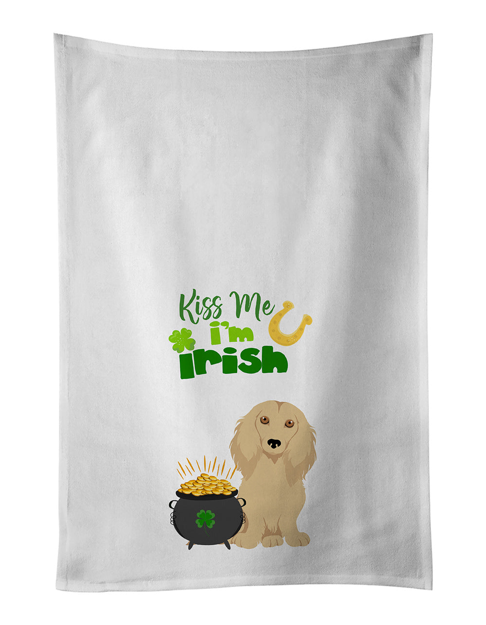 NEW Longhair Cream Dachshund St. Patrick's Day Kitchen Towel Set of 2 White Dish Towels Decorative Bathroom Hand towel for Hand, Face, Hair, Yoga, Tea, Dishcloth, 19 X 28", White