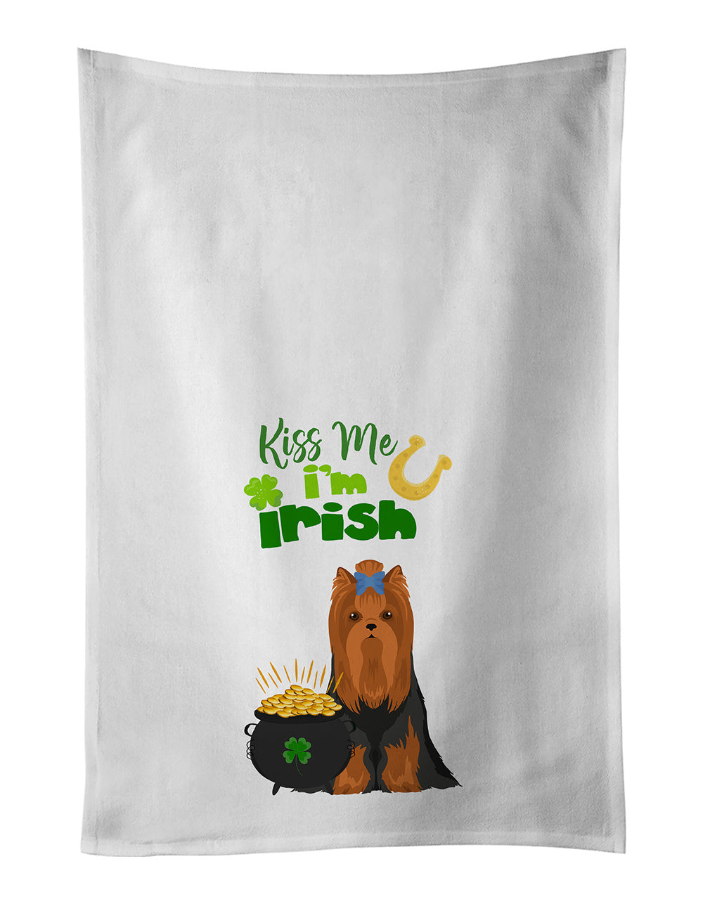 NEW Black and Tan Full Coat Yorkshire Terrier St. Patrick's Day Kitchen Towel Set of 2 White Dish Towels Decorative Bathroom Hand towel for Hand, Face, Hair, Yoga, Tea, Dishcloth, 19 X 28", White