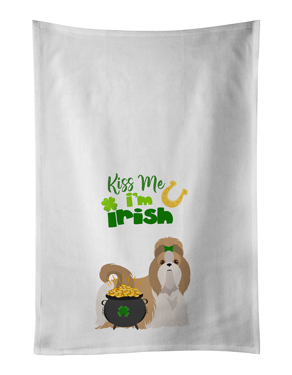 NEW Gold and White Shih Tzu St. Patrick's Day Kitchen Towel Set of 2 White Dish Towels Decorative Bathroom Hand towel for Hand, Face, Hair, Yoga, Tea, Dishcloth, 19 X 28", White