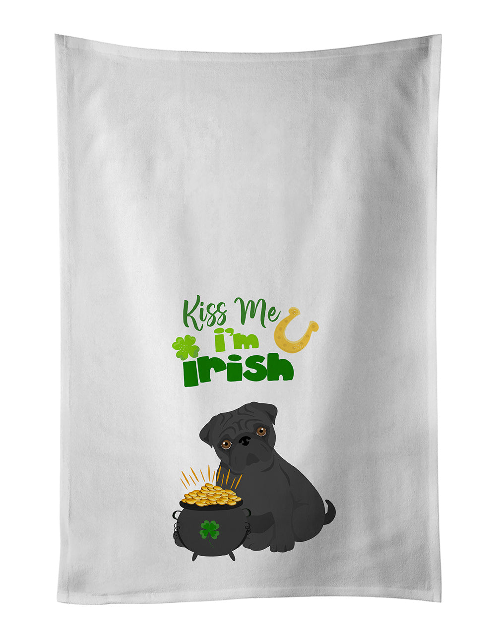 NEW Black Pug St. Patrick's Day Kitchen Towel Set of 2 White Dish Towels Decorative Bathroom Hand towel for Hand, Face, Hair, Yoga, Tea, Dishcloth, 19 X 28", White