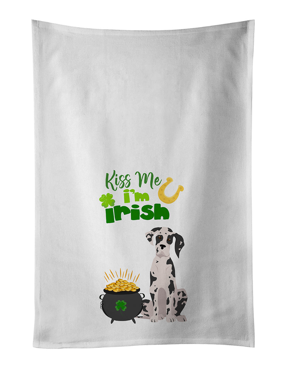 NEW Harlequin Great Dane St. Patrick's Day Kitchen Towel Set of 2 White Dish Towels Decorative Bathroom Hand towel for Hand, Face, Hair, Yoga, Tea, Dishcloth, 19 X 28", White