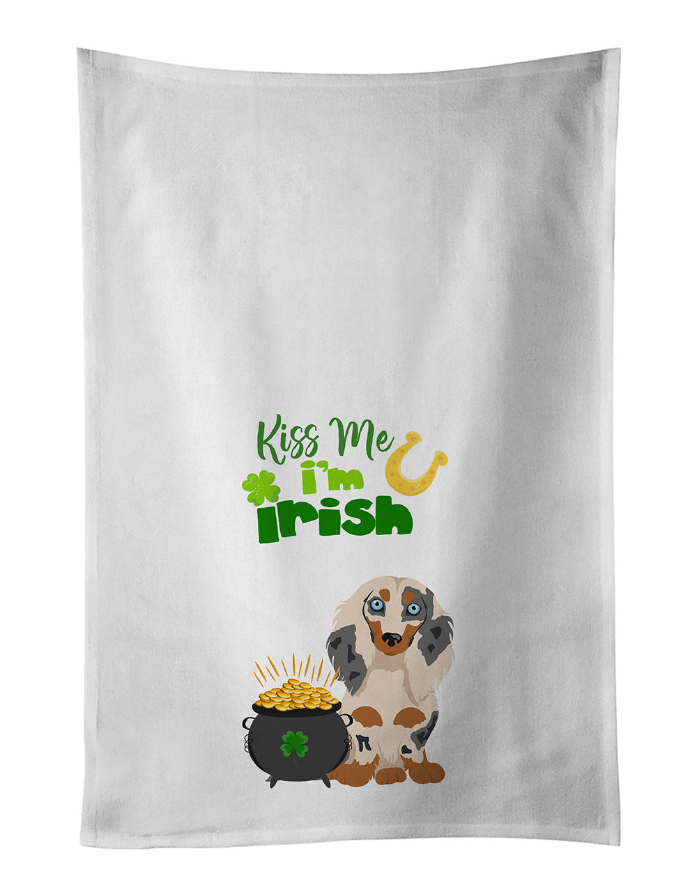 NEW Longhair Cream Dapple Dachshund St. Patrick's Day Kitchen Towel Set of 2 White Dish Towels Decorative Bathroom Hand towel for Hand, Face, Hair, Yoga, Tea, Dishcloth, 19 X 28", White