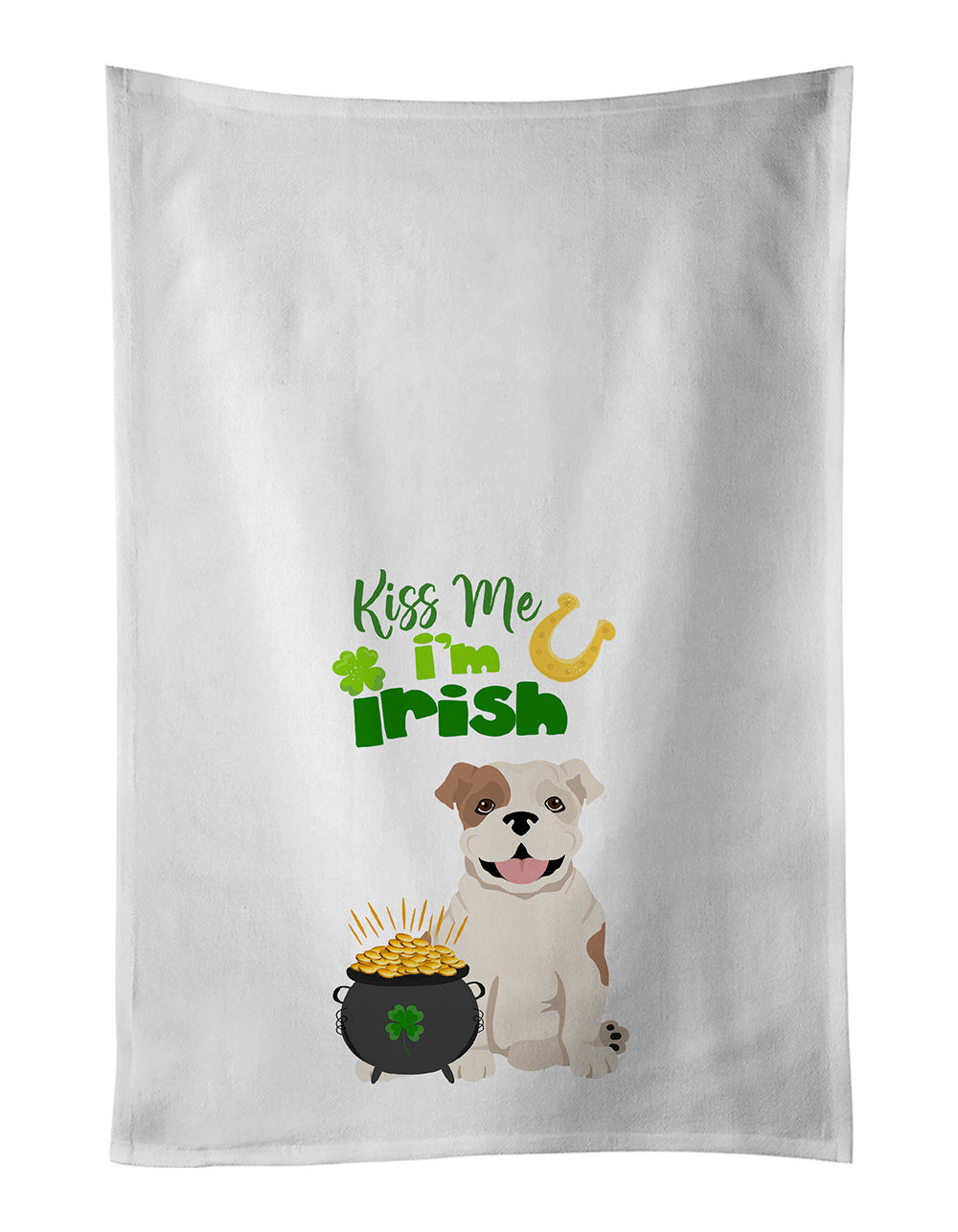 NEW Piebald English Bulldog St. Patrick's Day Kitchen Towel Set of 2 White Dish Towels Decorative Bathroom Hand towel for Hand, Face, Hair, Yoga, Tea, Dishcloth, 19 X 28", White