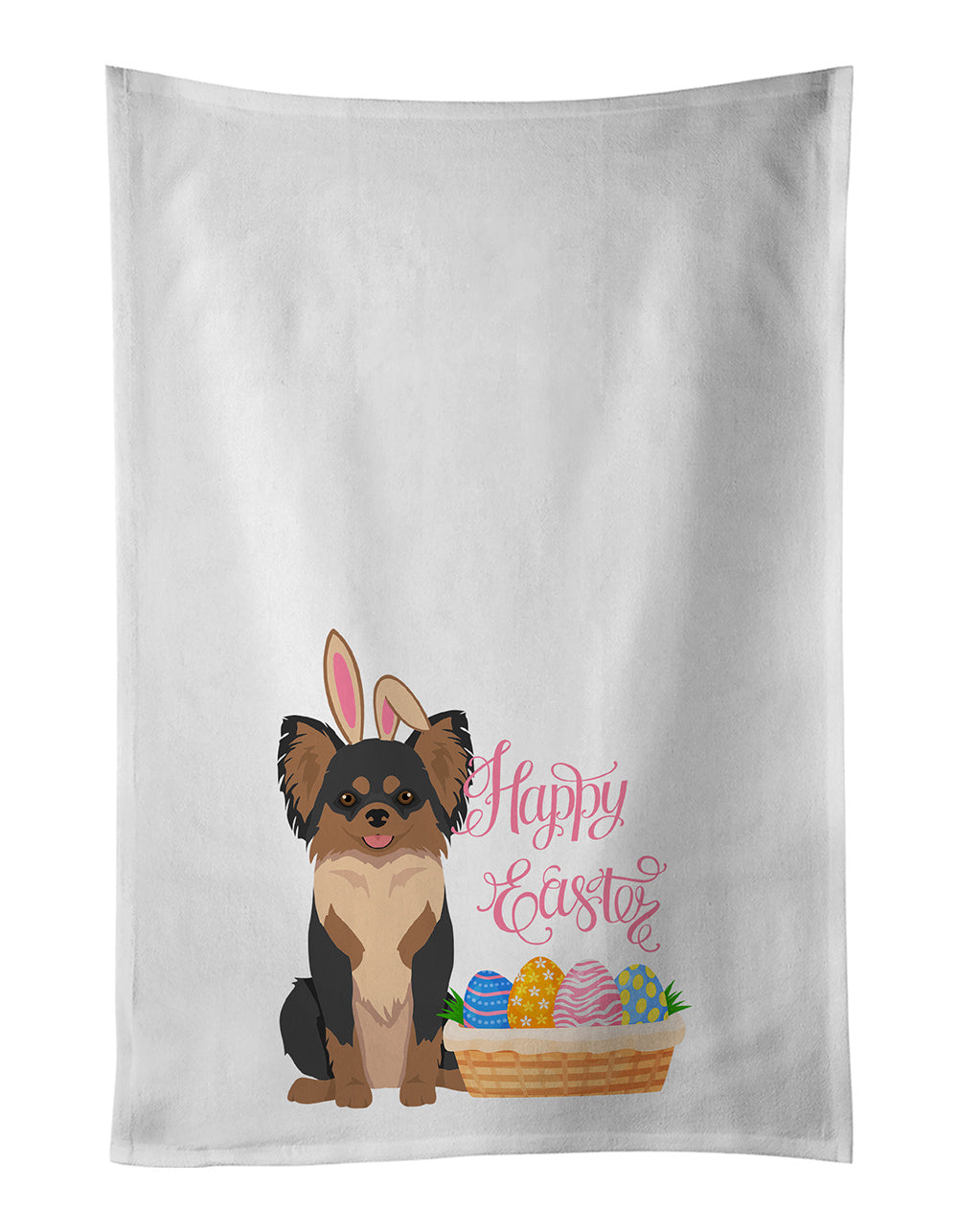 NEW Longhaired Black and Tan Chihuahua Easter Kitchen Towel Set of 2 White Dish Towels Decorative Bathroom Hand towel for Hand, Face, Hair, Yoga, Tea, Dishcloth, 19 X 28", White