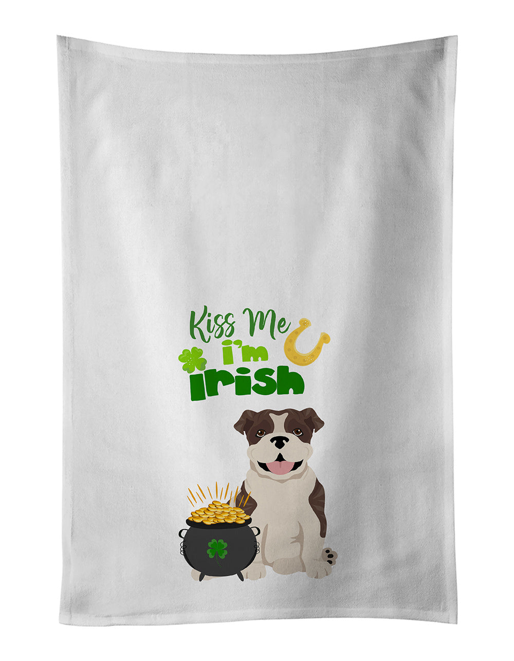 NEW Brindle English Bulldog St. Patrick's Day Kitchen Towel Set of 2 White Dish Towels Decorative Bathroom Hand towel for Hand, Face, Hair, Yoga, Tea, Dishcloth, 19 X 28", White