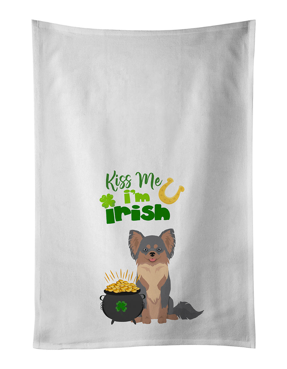 NEW Longhaired Blue and Tan Chihuahua St. Patrick's Day Kitchen Towel Set of 2 White Dish Towels Decorative Bathroom Hand towel for Hand, Face, Hair, Yoga, Tea, Dishcloth, 19 X 28", White