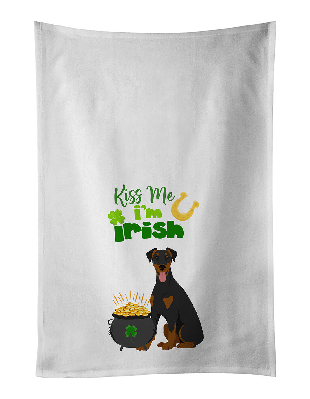 NEW Natural Ear Black and Tan Doberman Pinscher St. Patrick's Day Kitchen Towel Set of 2 White Dish Towels Decorative Bathroom Hand towel for Hand, Face, Hair, Yoga, Tea, Dishcloth, 19 X 28", White