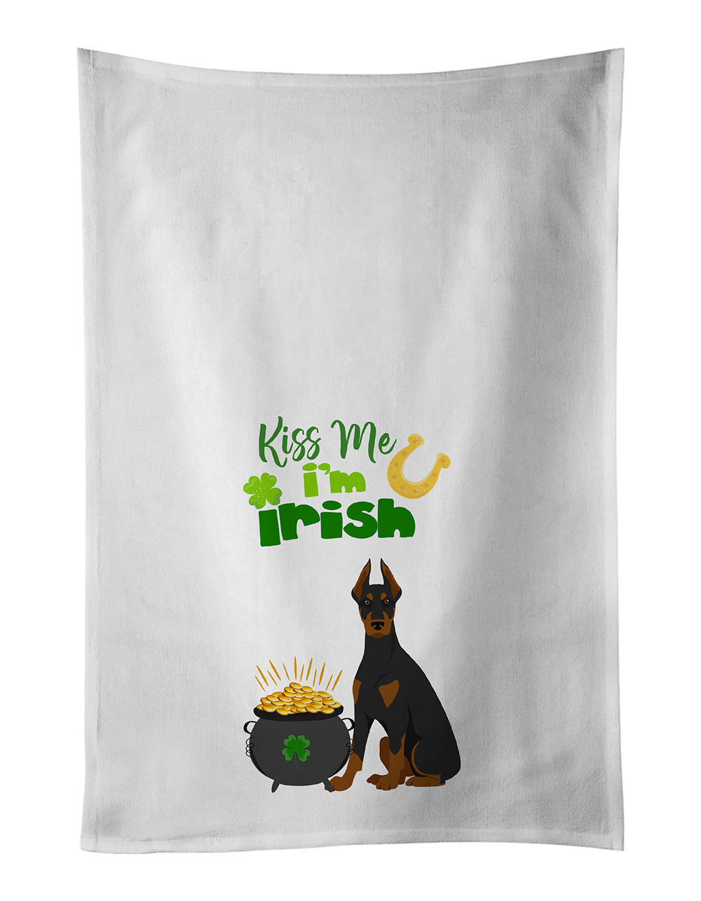 NEW Black and Tan Doberman Pinscher St. Patrick's Day Kitchen Towel Set of 2 White Dish Towels Decorative Bathroom Hand towel for Hand, Face, Hair, Yoga, Tea, Dishcloth, 19 X 28", White