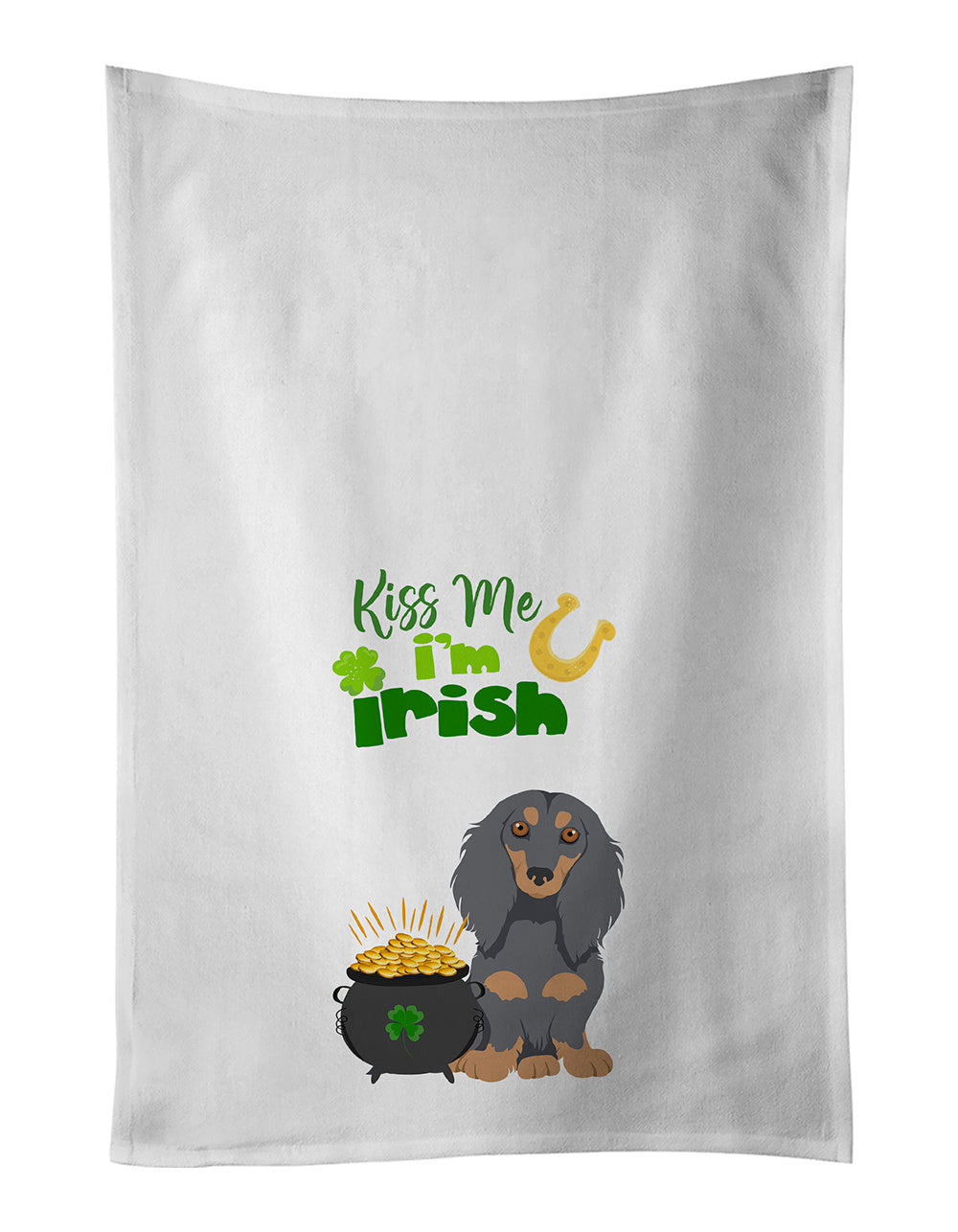 NEW Longhair Blue and Tan Dachshund St. Patrick's Day Kitchen Towel Set of 2 White Dish Towels Decorative Bathroom Hand towel for Hand, Face, Hair, Yoga, Tea, Dishcloth, 19 X 28", White