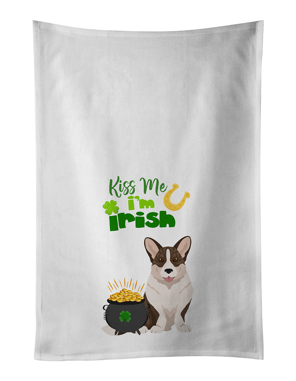 NEW Brindle Cardigan Corgi St. Patrick's Day Kitchen Towel Set of 2 White Dish Towels Decorative Bathroom Hand towel for Hand, Face, Hair, Yoga, Tea, Dishcloth, 19 X 28", White