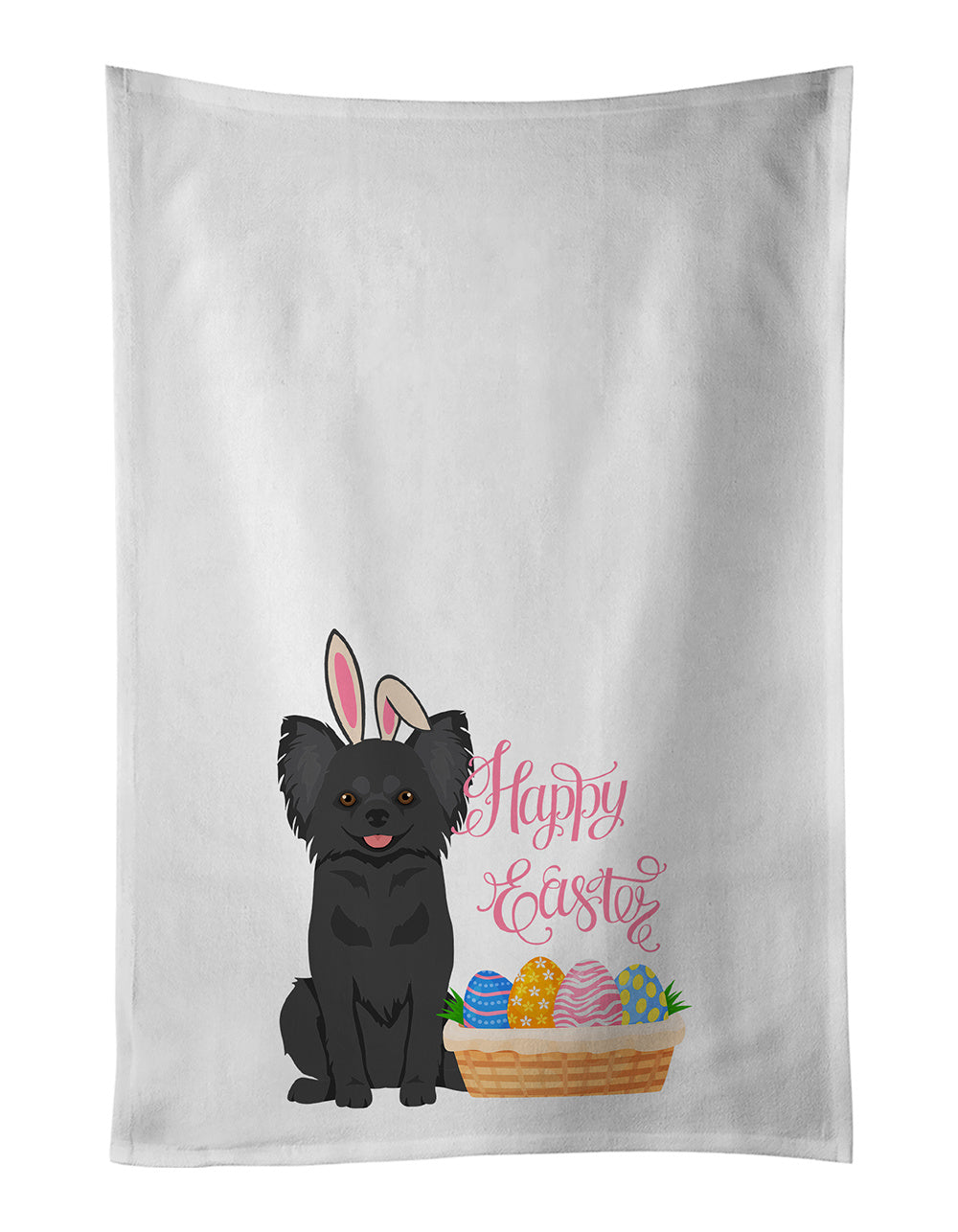 NEW Longhaired Black Chihuahua Easter Kitchen Towel Set of 2 White Dish Towels Decorative Bathroom Hand towel for Hand, Face, Hair, Yoga, Tea, Dishcloth, 19 X 28", White