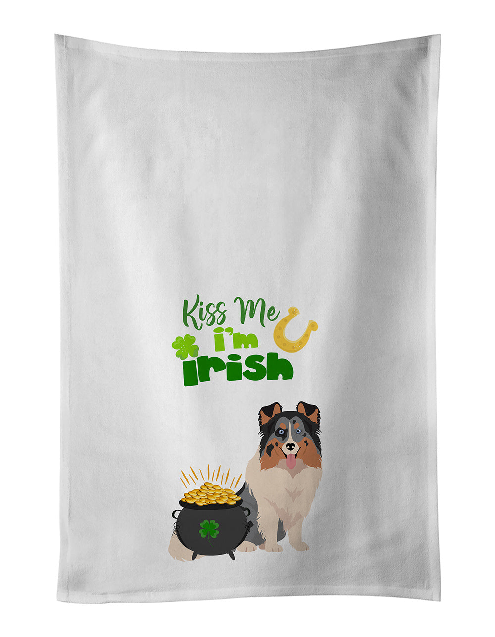 NEW Blue Merle Sheltie St. Patrick's Day Kitchen Towel Set of 2 White Dish Towels Decorative Bathroom Hand towel for Hand, Face, Hair, Yoga, Tea, Dishcloth, 19 X 28", White