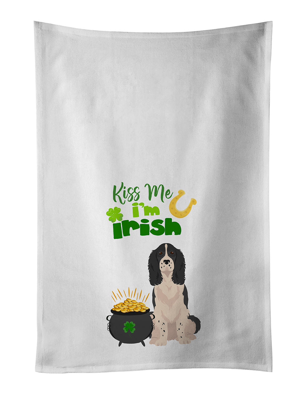 NEW Black English Springer Spaniel St. Patrick's Day Kitchen Towel Set of 2 White Dish Towels Decorative Bathroom Hand towel for Hand, Face, Hair, Yoga, Tea, Dishcloth, 19 X 28", White