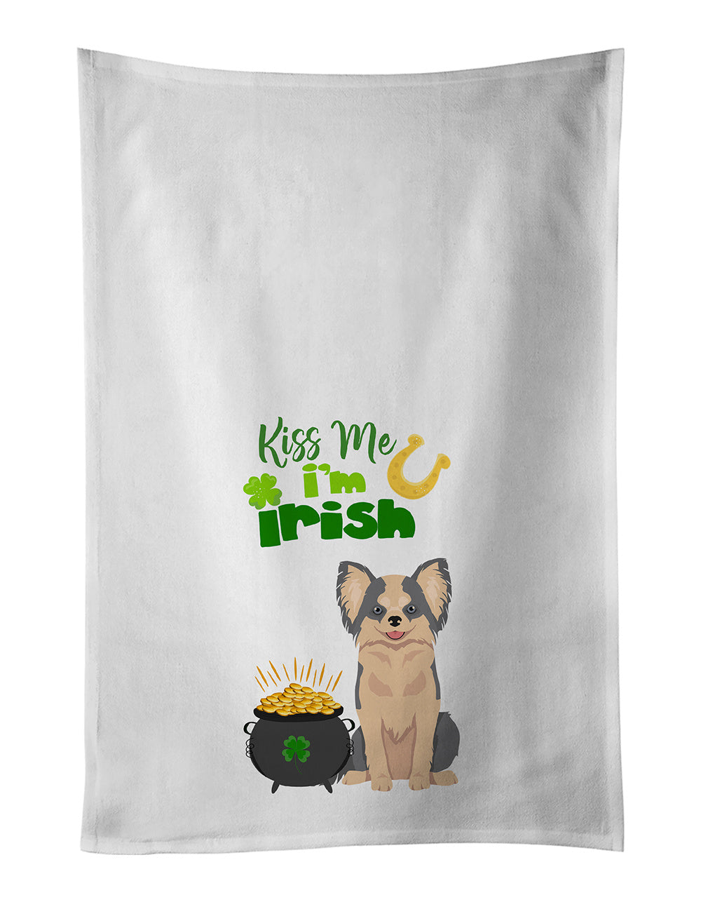 NEW Longhaired Blue and White Chihuahua St. Patrick's Day Kitchen Towel Set of 2 White Dish Towels Decorative Bathroom Hand towel for Hand, Face, Hair, Yoga, Tea, Dishcloth, 19 X 28", White