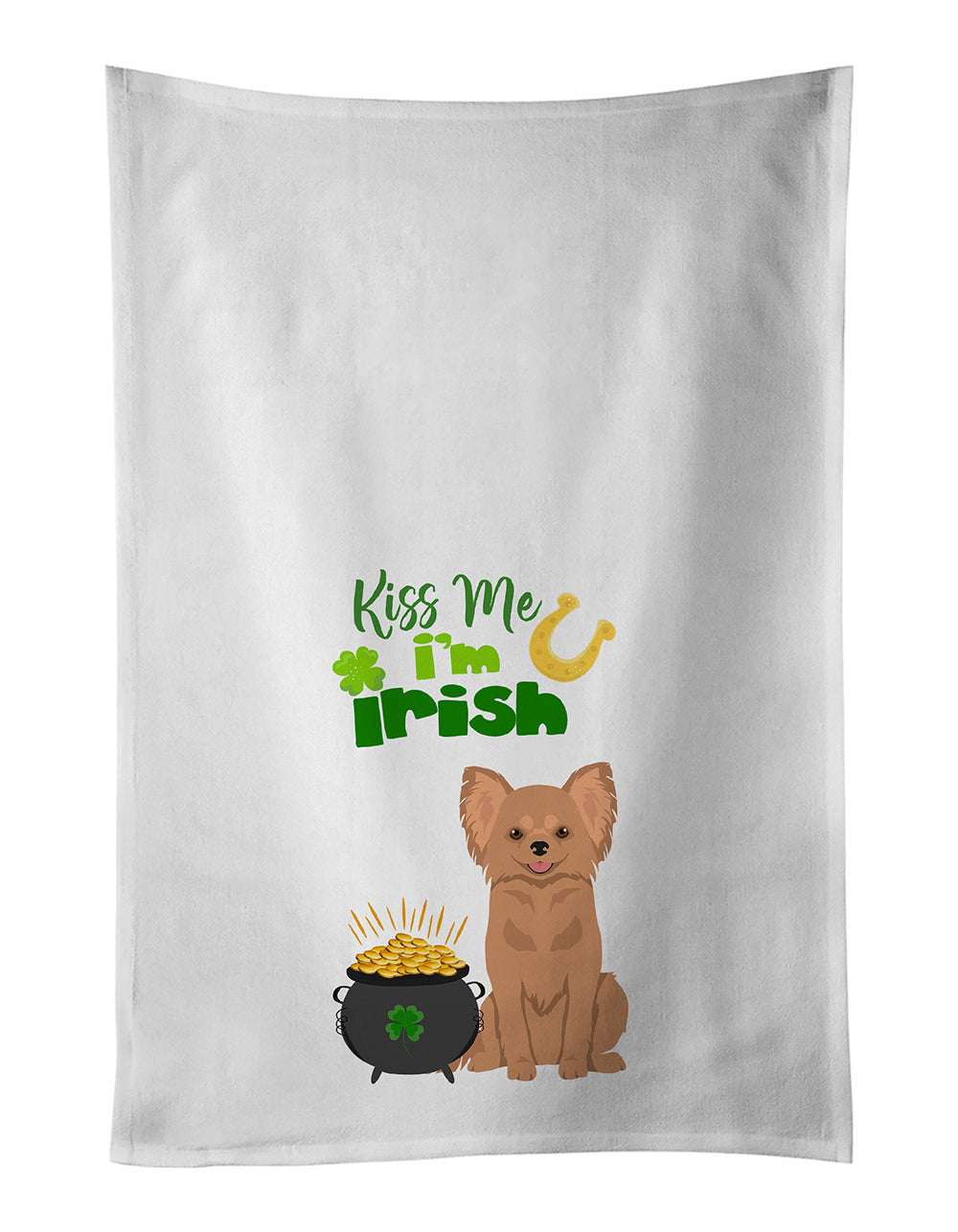 NEW Longhaired Gold Chihuahua St. Patrick's Day Kitchen Towel Set of 2 White Dish Towels Decorative Bathroom Hand towel for Hand, Face, Hair, Yoga, Tea, Dishcloth, 19 X 28", White