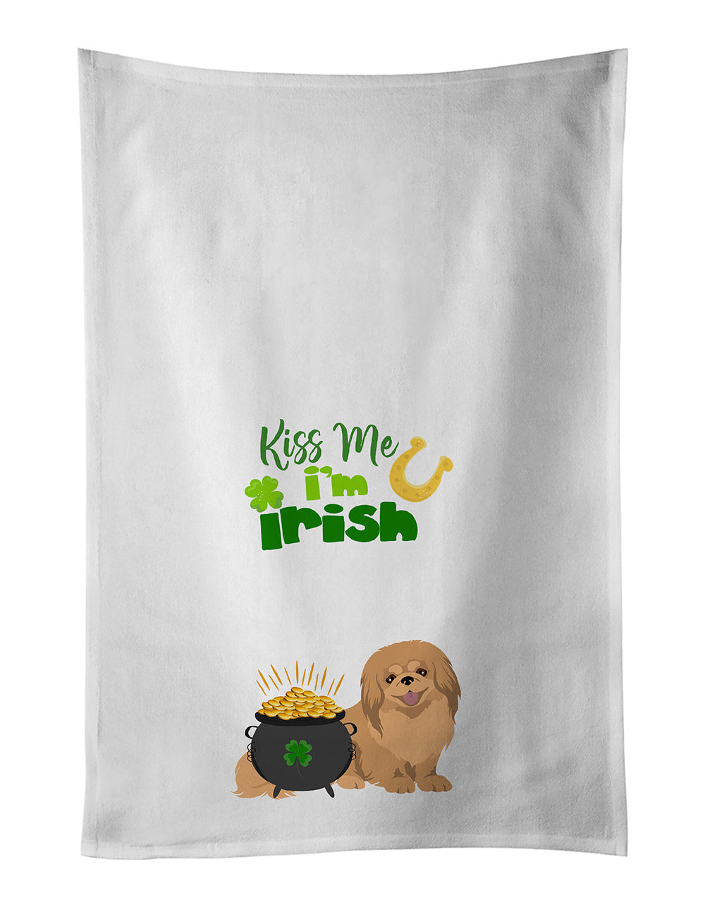 NEW Gold Pekingese St. Patrick's Day Kitchen Towel Set of 2 White Dish Towels Decorative Bathroom Hand towel for Hand, Face, Hair, Yoga, Tea, Dishcloth, 19 X 28", White