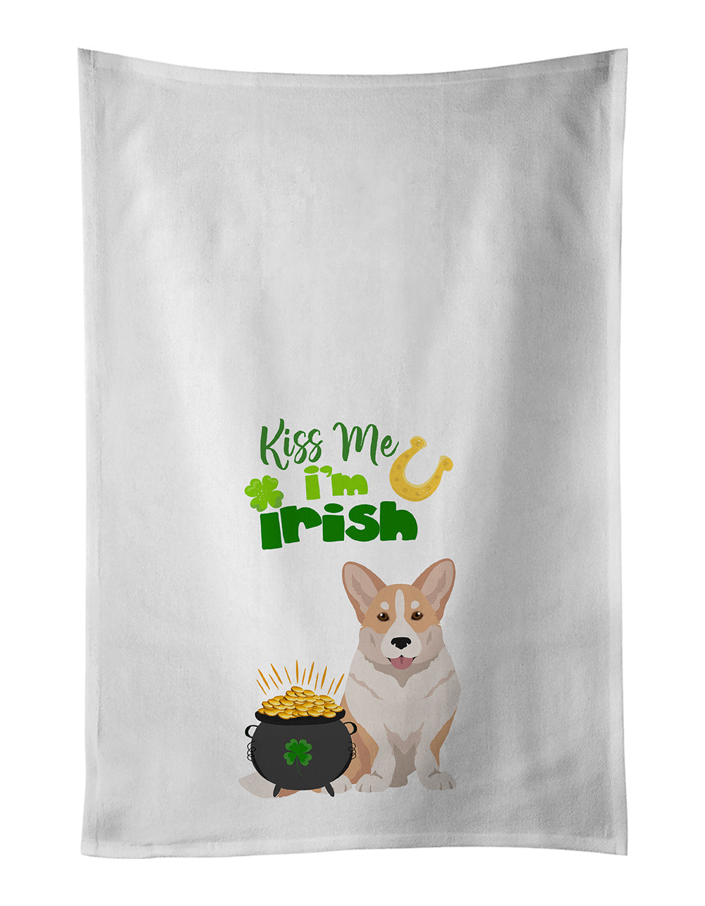 NEW Fawn Cardigan Corgi St. Patrick's Day Kitchen Towel Set of 2 White Dish Towels Decorative Bathroom Hand towel for Hand, Face, Hair, Yoga, Tea, Dishcloth, 19 X 28", White