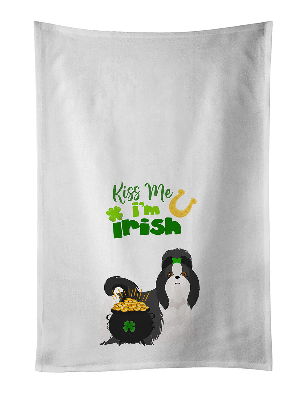 NEW Black and White Shih Tzu St. Patrick's Day Kitchen Towel Set of 2 White Dish Towels Decorative Bathroom Hand towel for Hand, Face, Hair, Yoga, Tea, Dishcloth, 19 X 28", White