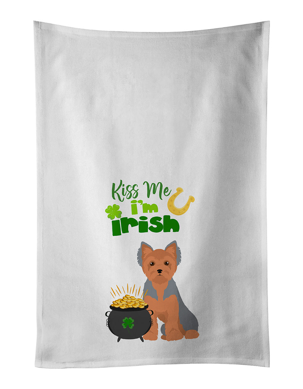 NEW Blue and Tan Puppy Cut Yorkshire Terrier St. Patrick's Day Kitchen Towel Set of 2 White Dish Towels Decorative Bathroom Hand towel for Hand, Face, Hair, Yoga, Tea, Dishcloth, 19 X 28", White