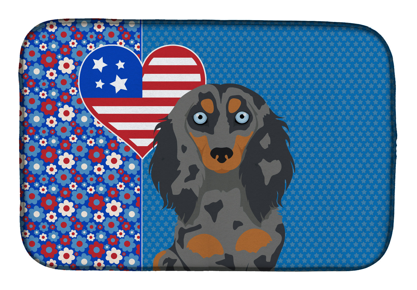 Longhair Blue and Tan Dapple Dachshund USA American Dish Drying Mat Absorbent Dish Drying Mat Pad for Kitchen Counter Dish Drainer Mat for Countertop, 14 x 21", Multicolor