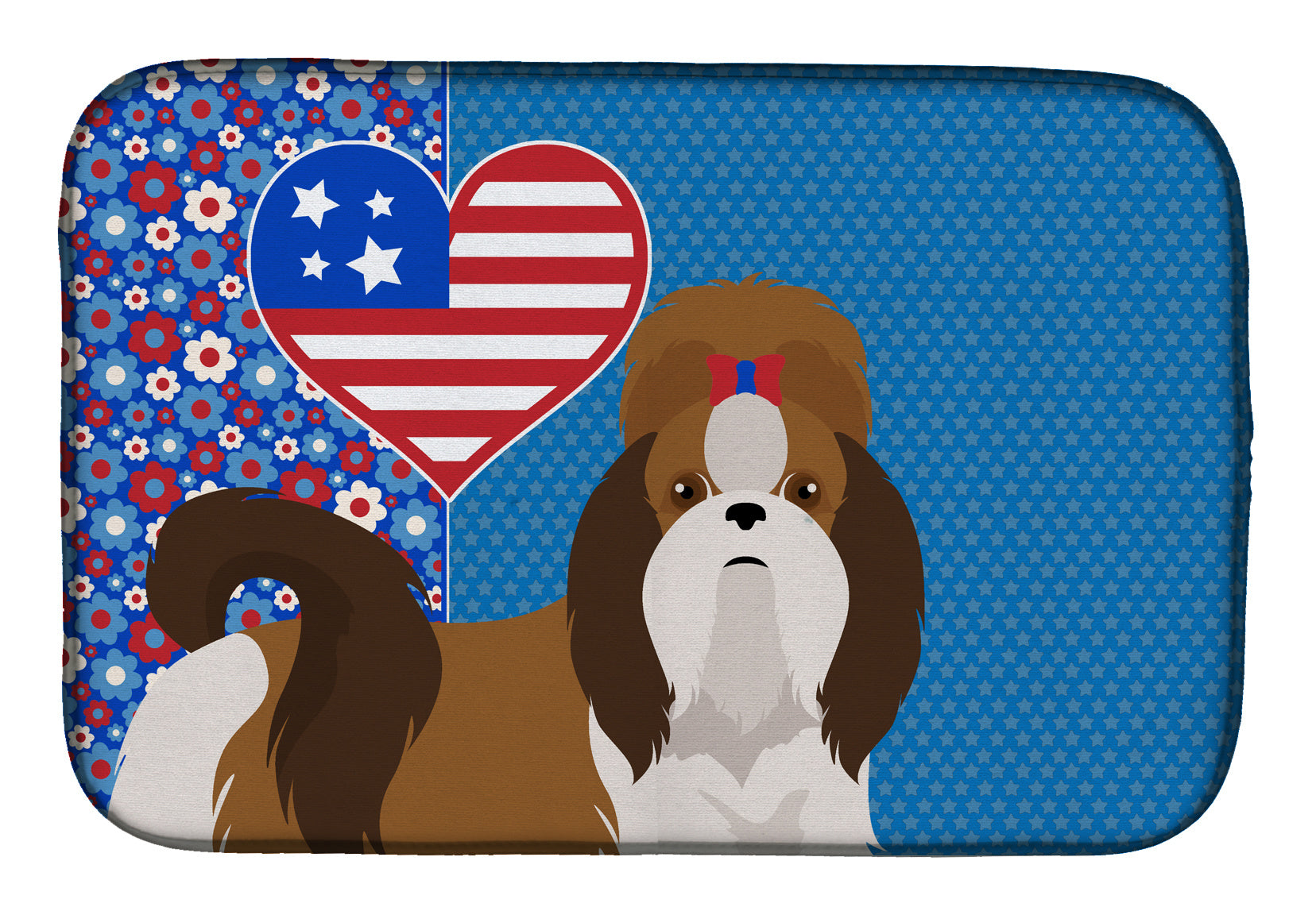 Red and White Shih Tzu USA American Dish Drying Mat Absorbent Dish Drying Mat Pad for Kitchen Counter Dish Drainer Mat for Countertop, 14 x 21", Multicolor