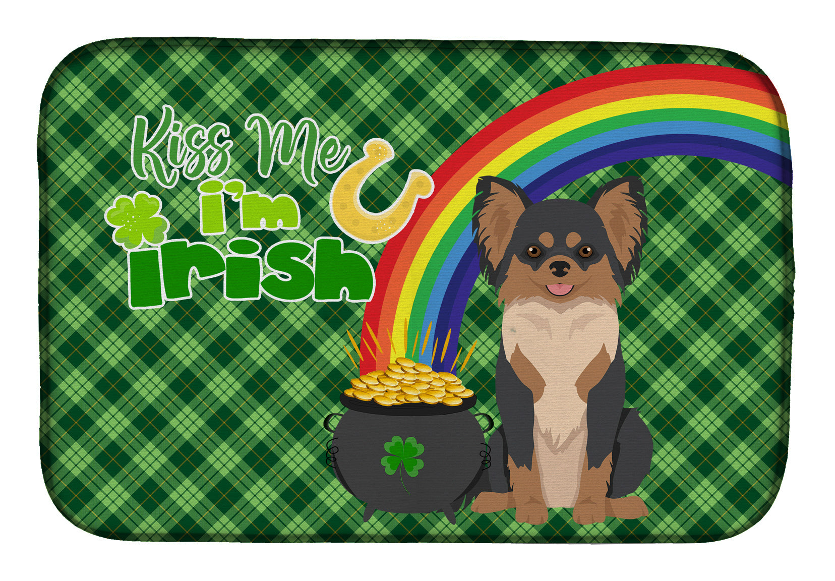 NEW Longhaired Black and Tan Chihuahua St. Patrick's Day Dish Drying Mat Absorbent Dish Drying Mat Pad for Kitchen Counter Dish Drainer Mat for Countertop, 14 x 21", Multicolor