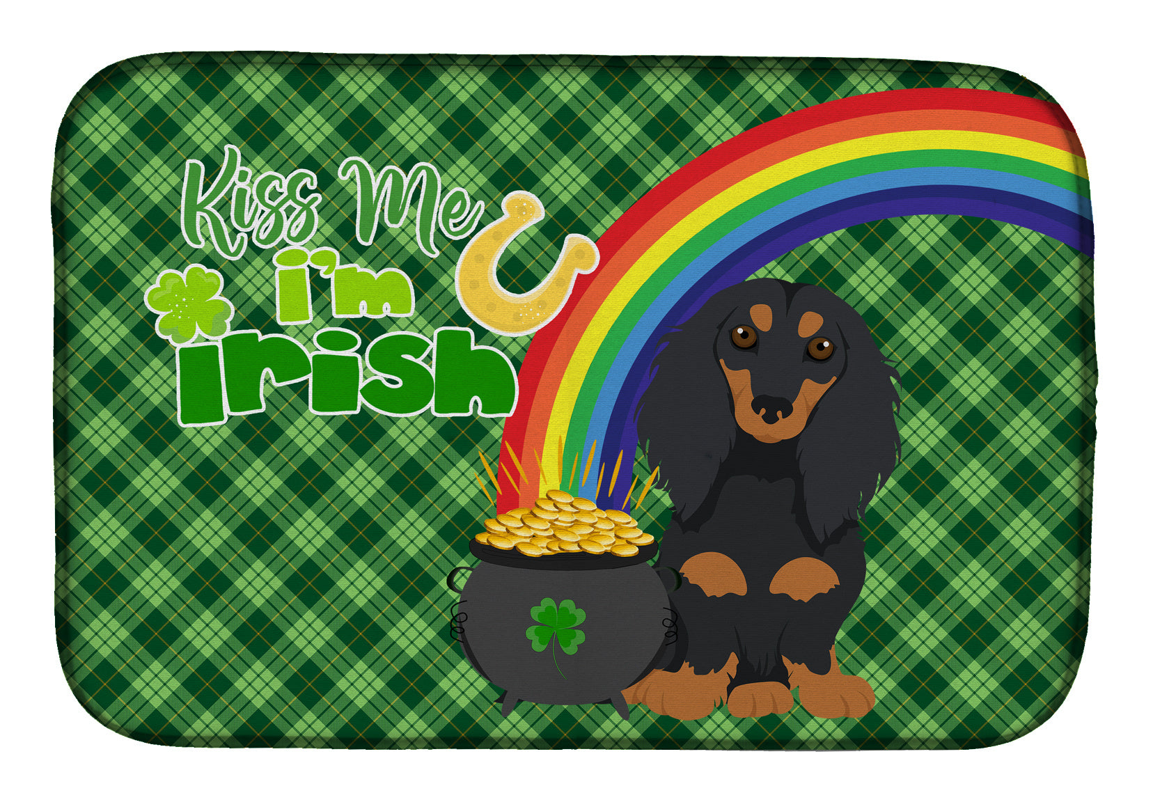 NEW Longhair Black and Tan Dachshund St. Patrick's Day Dish Drying Mat Absorbent Dish Drying Mat Pad for Kitchen Counter Dish Drainer Mat for Countertop, 14 x 21", Multicolor