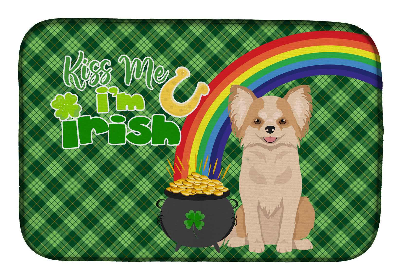 NEW Longhaired Gold and White Chihuahua St. Patrick's Day Dish Drying Mat Absorbent Dish Drying Mat Pad for Kitchen Counter Dish Drainer Mat for Countertop, 14 x 21", Multicolor