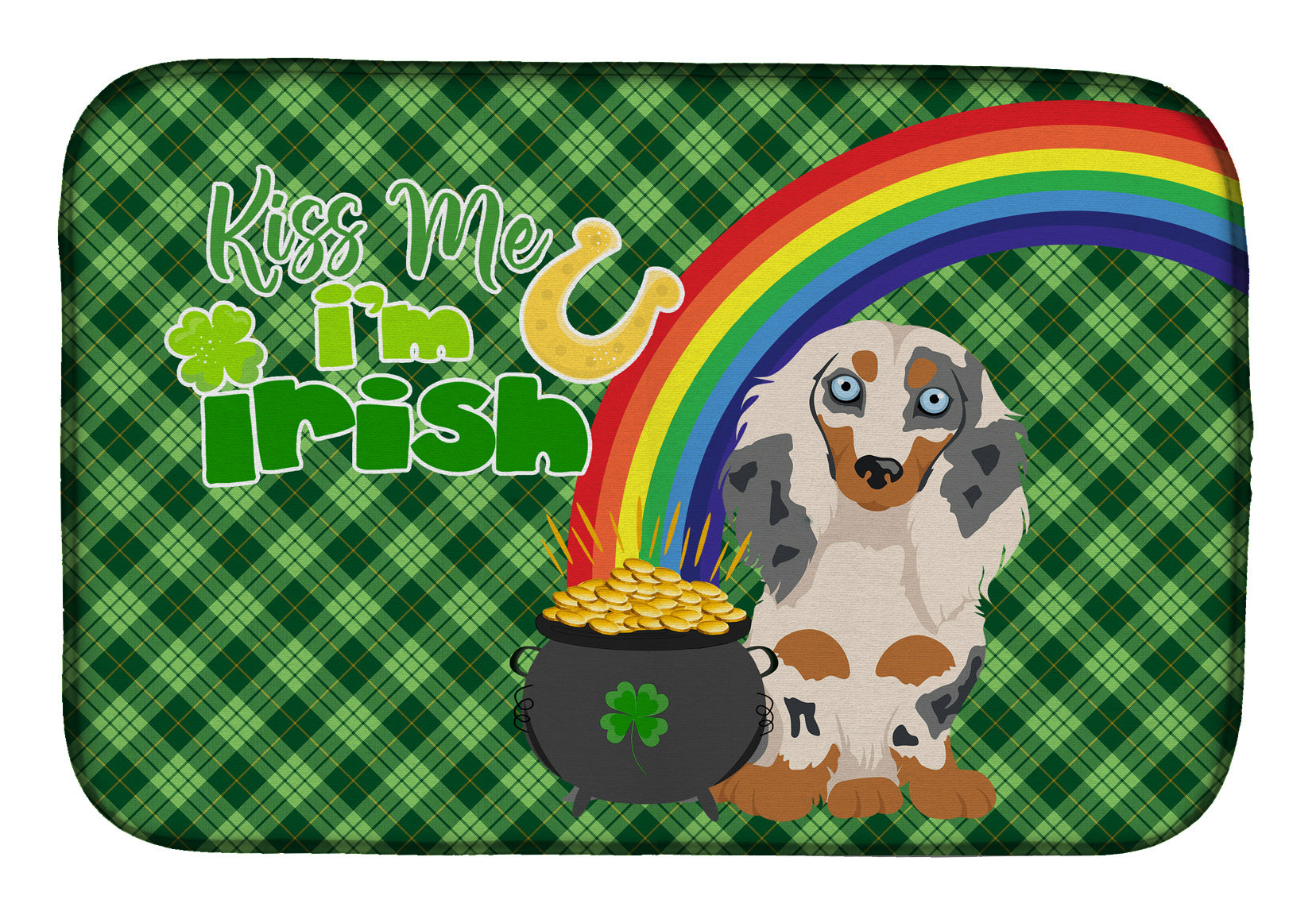 NEW Longhair Cream Dapple Dachshund St. Patrick's Day Dish Drying Mat Absorbent Dish Drying Mat Pad for Kitchen Counter Dish Drainer Mat for Countertop, 14 x 21", Multicolor