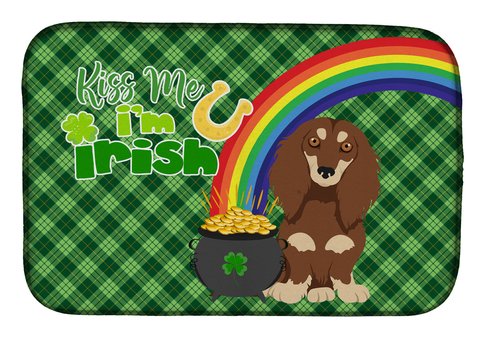 NEW Longhair Chocolate and Cream Dachshund St. Patrick's Day Dish Drying Mat Absorbent Dish Drying Mat Pad for Kitchen Counter Dish Drainer Mat for Countertop, 14 x 21", Multicolor