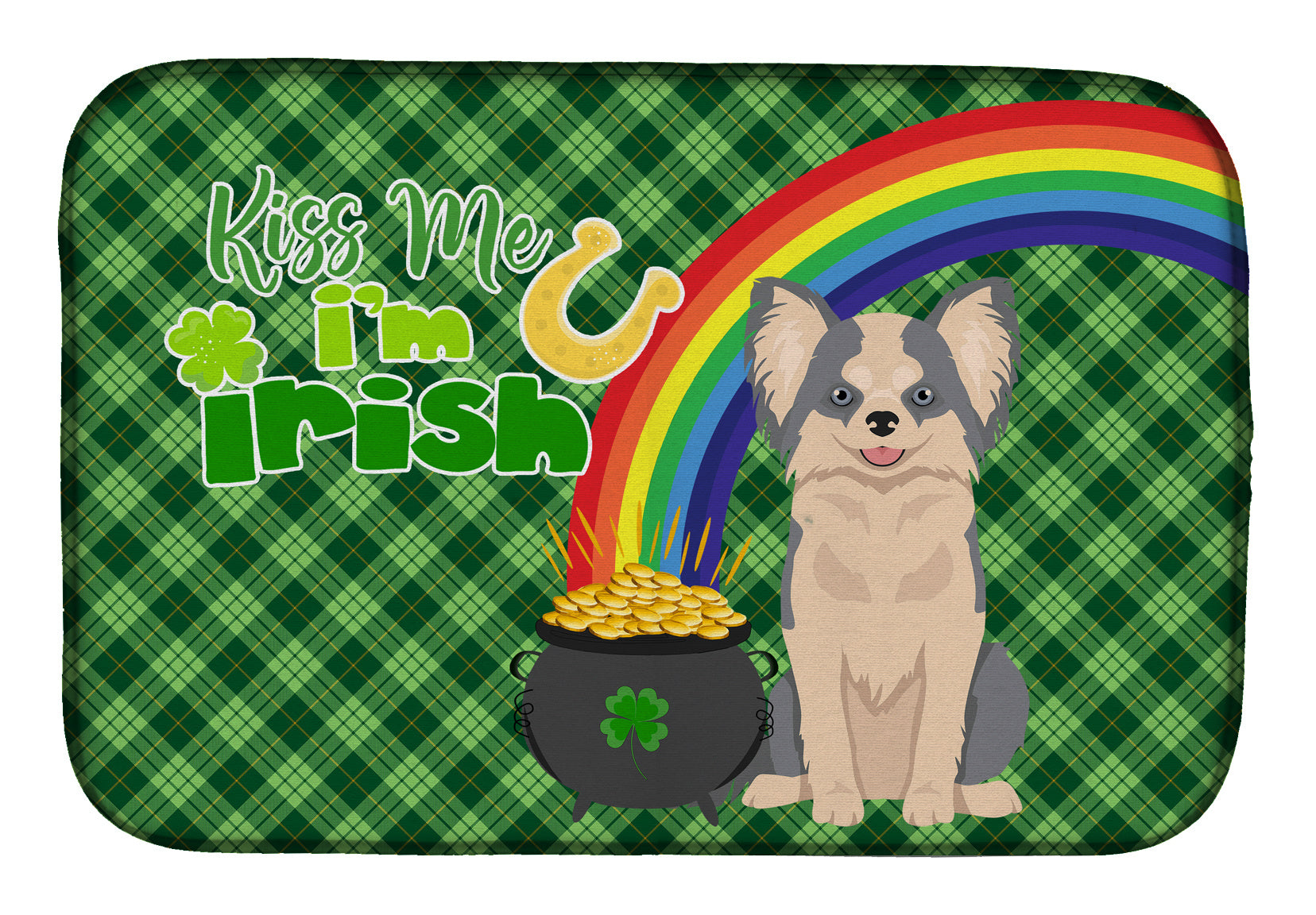 NEW Longhaired Blue and White Chihuahua St. Patrick's Day Dish Drying Mat Absorbent Dish Drying Mat Pad for Kitchen Counter Dish Drainer Mat for Countertop, 14 x 21", Multicolor