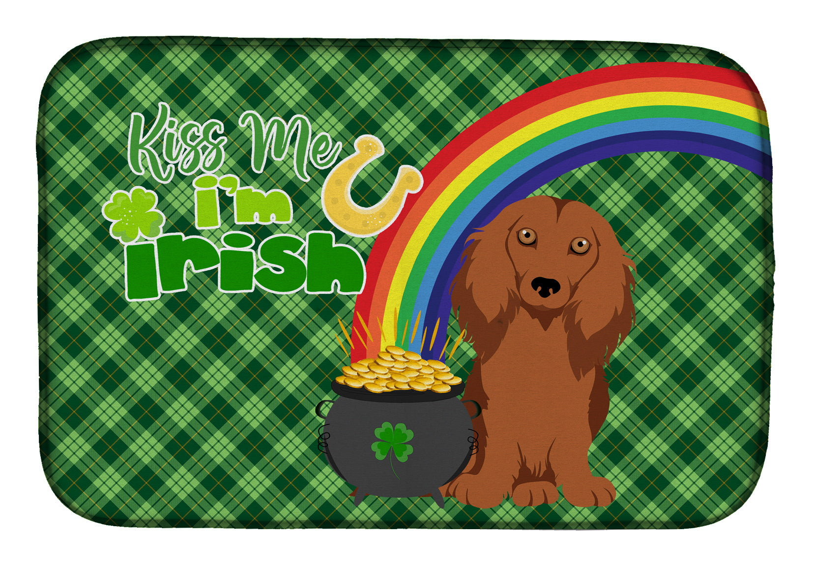 NEW Longhair Red Dachshund St. Patrick's Day Dish Drying Mat Absorbent Dish Drying Mat Pad for Kitchen Counter Dish Drainer Mat for Countertop, 14 x 21", Multicolor