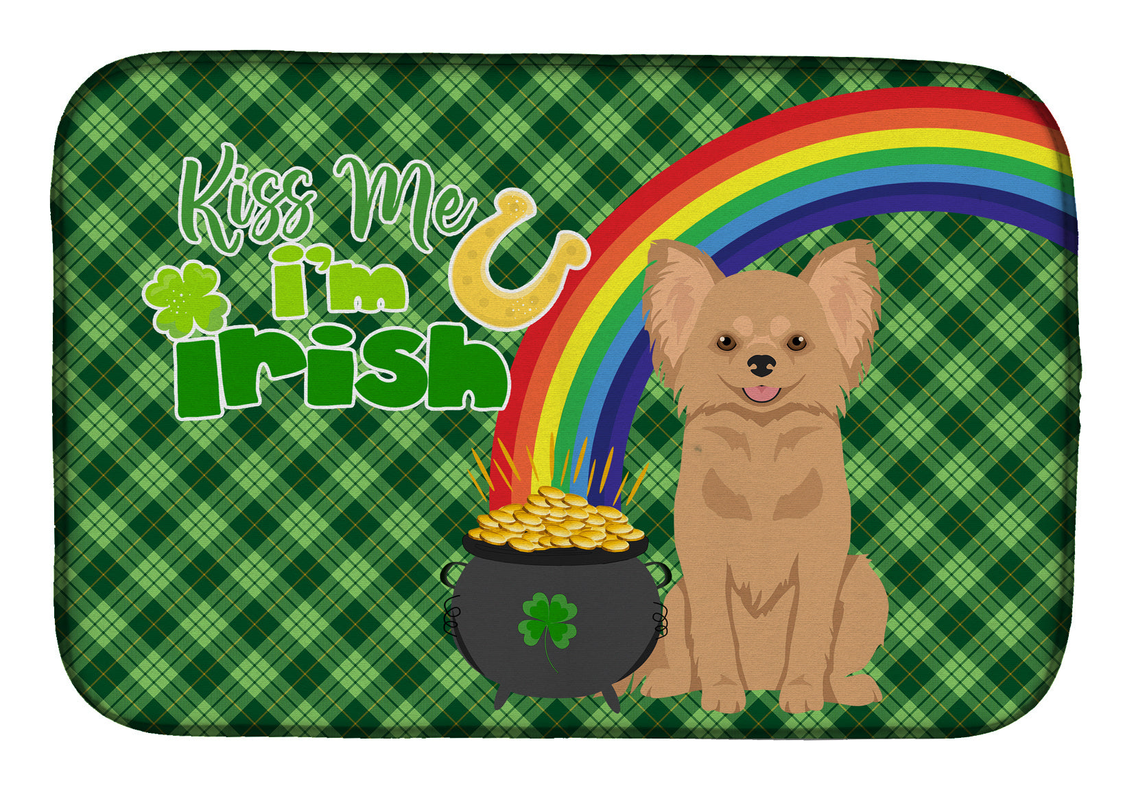 NEW Longhaired Gold Chihuahua St. Patrick's Day Dish Drying Mat Absorbent Dish Drying Mat Pad for Kitchen Counter Dish Drainer Mat for Countertop, 14 x 21", Multicolor